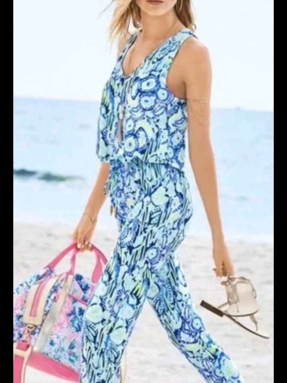 Lilly Pulitzer Blue Floral Sleeveless Romper Jumpsuit